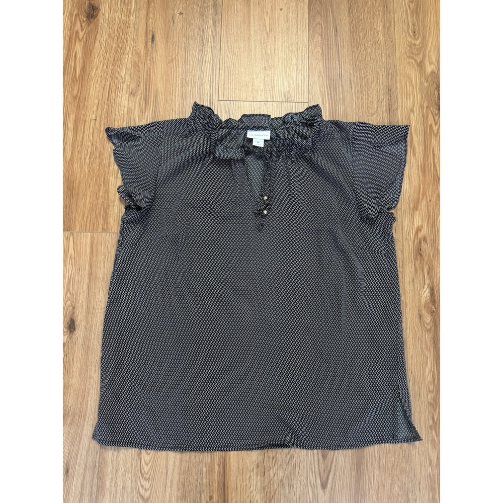 Liz Claiborne Sz M Women's Black White Blouse Flutter Sleeve Flowy Tie‎ Neck